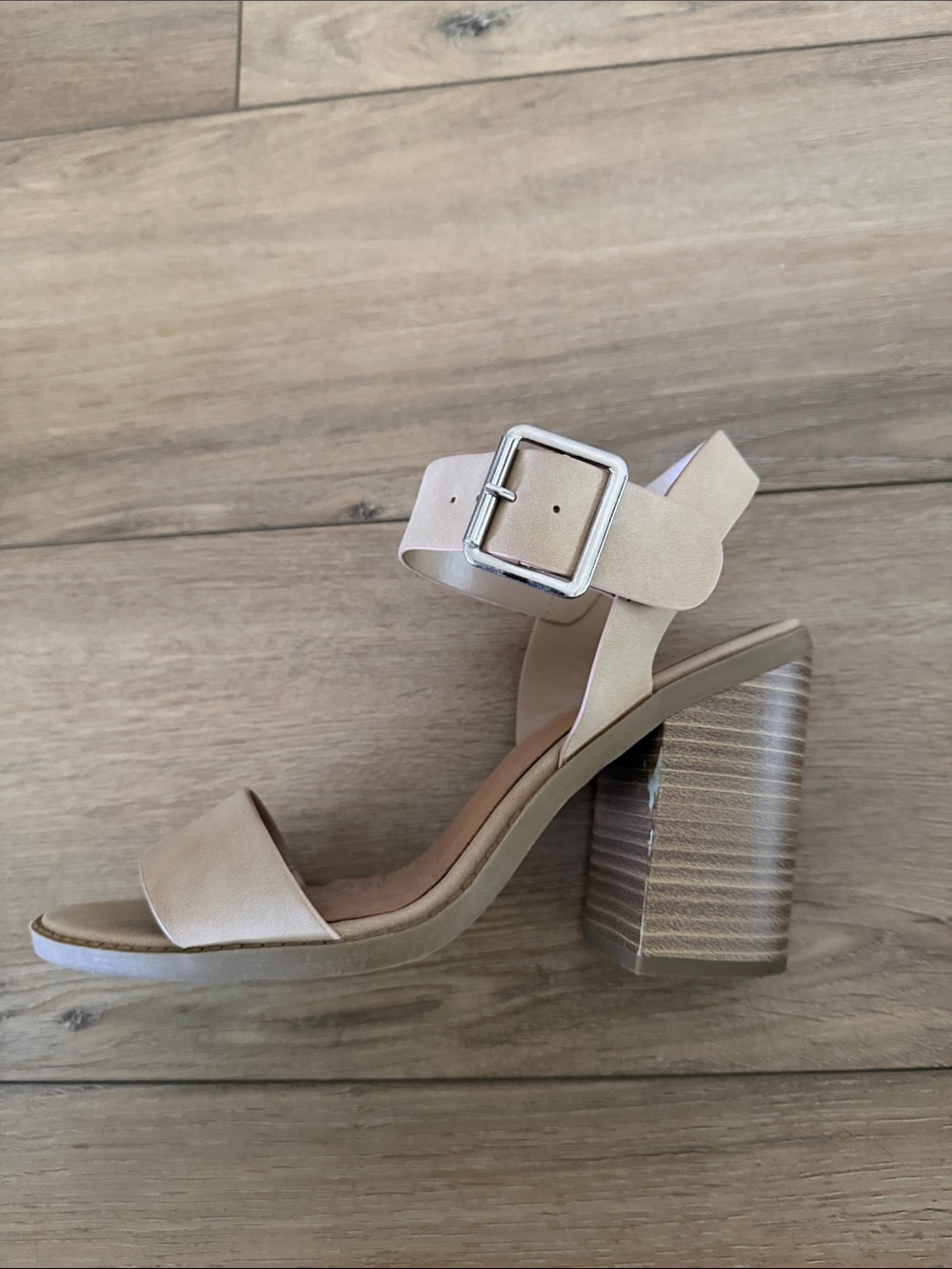 Nude Block Heel Ankle Strap Sandal